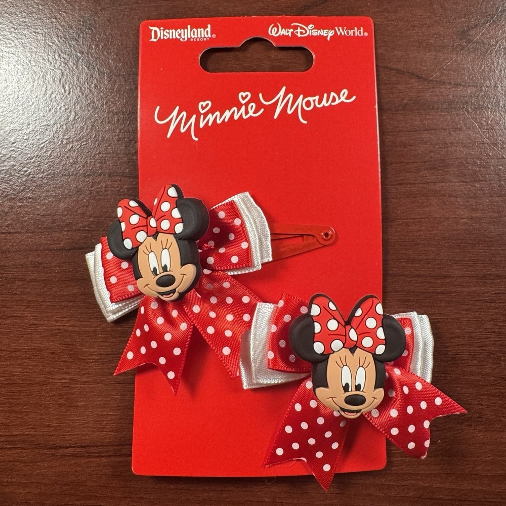 Disney Parks Minnie Mouse Red Polka Dot Bow Hair Clips Set of 2 New